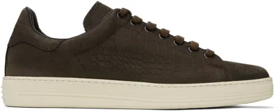 Tom Ford Brown Stamped Croc Nubuck Warwick Sneakers In Fango + Cream