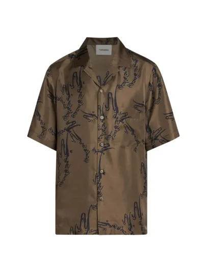 Nanushka Men's Bodil Calligraphy Silk Button-front Shirt In Calligraphy Khaki