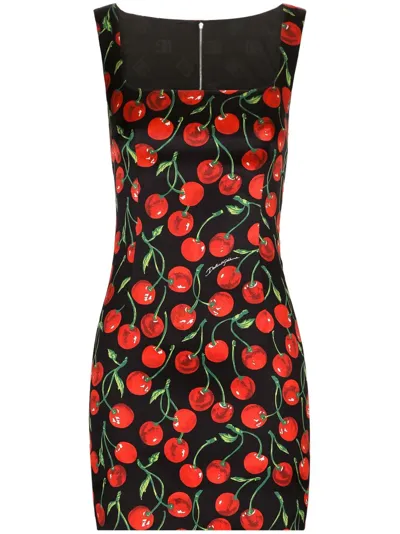 Dolce & Gabbana Short Cherry-print Satin Dress In Multicolor