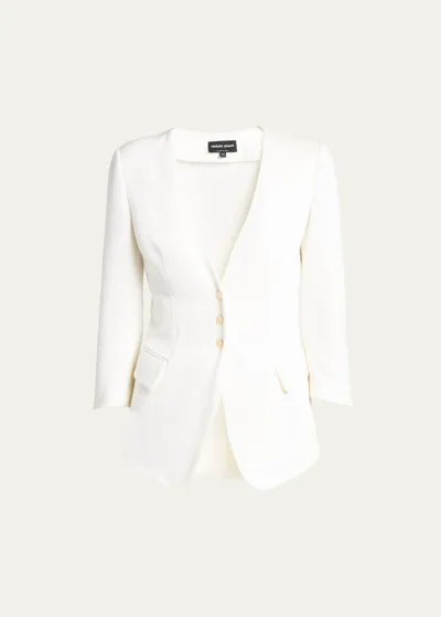 Giorgio Armani Snap Button Three-quarter-sleeve Viscose Blazer In Solid White