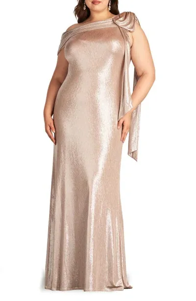 Tadashi Shoji Plus Size One-shoulder Metallic Jersey Gown In Antique Pink