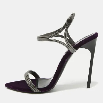 Pre-owned Saint Laurent Metallic Silver/purple Leather And Velvet Ankle Strap Sandals Size 40.5