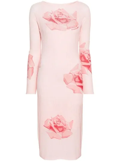 Kenzo Floral Plissé Stretch Dress In Cream