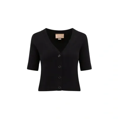 Gucci Ribbed Trim Cropped Cardigan In Black