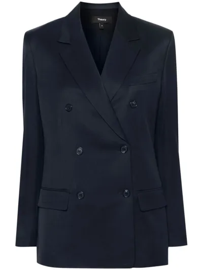 Theory Double-breasted Twill Blazer In Blue