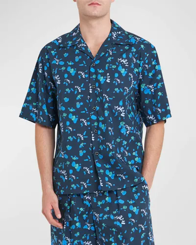 Marni Men's Floral Boxy Camp Shirt In Ink