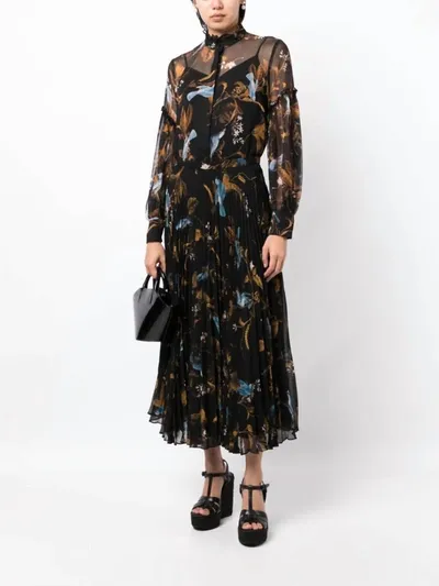 Erdem Pleated Floral Print Midi Skirt In Cecilia Birds Bla