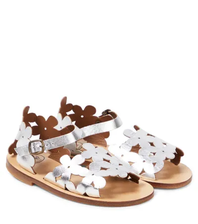 Pèpè Kids' Laminato Floral Metallic Leather Sandals In Silver