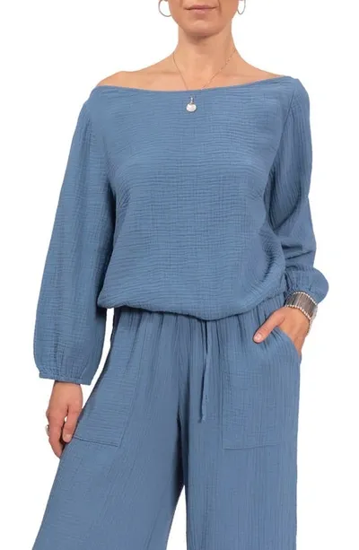 Everyday Ritual Penny Gauze Off-shoulder Top In Denim Blue