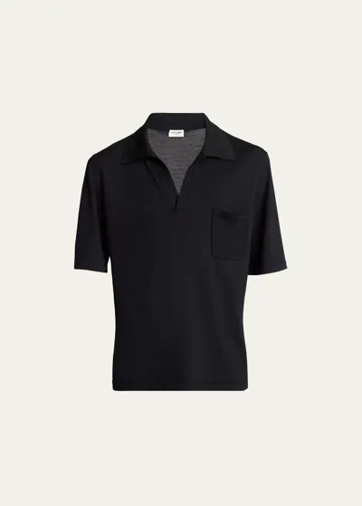 Saint Laurent Men's Johnny-collar Knit Polo Shirt In Black