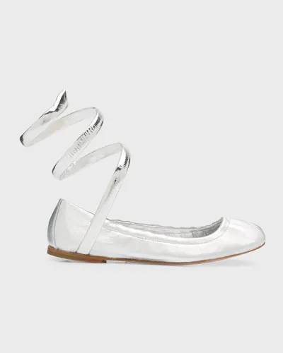 René Caovilla Metallic Snake-wrap Ballerina Flats In Silver