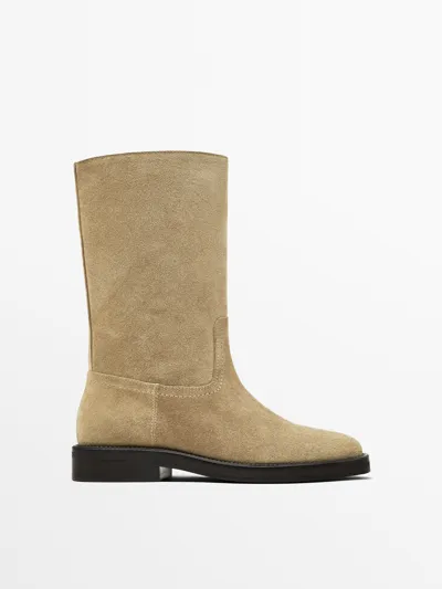 Massimo Dutti Flat Split Suede Ankle Boots In Sand Brown