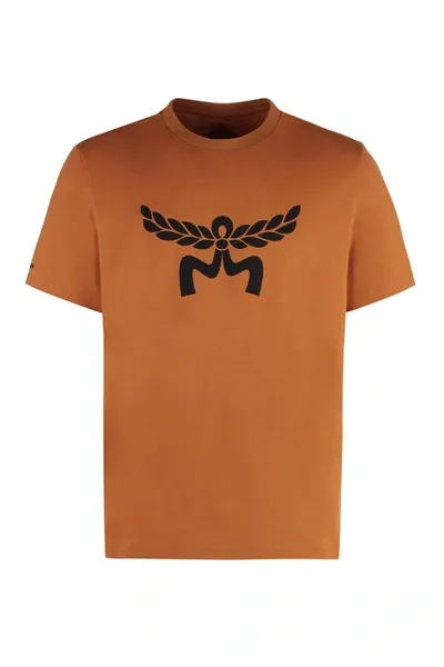 Mcm Laurel Logo Print T-shirt In Organic Cotton In Cognac