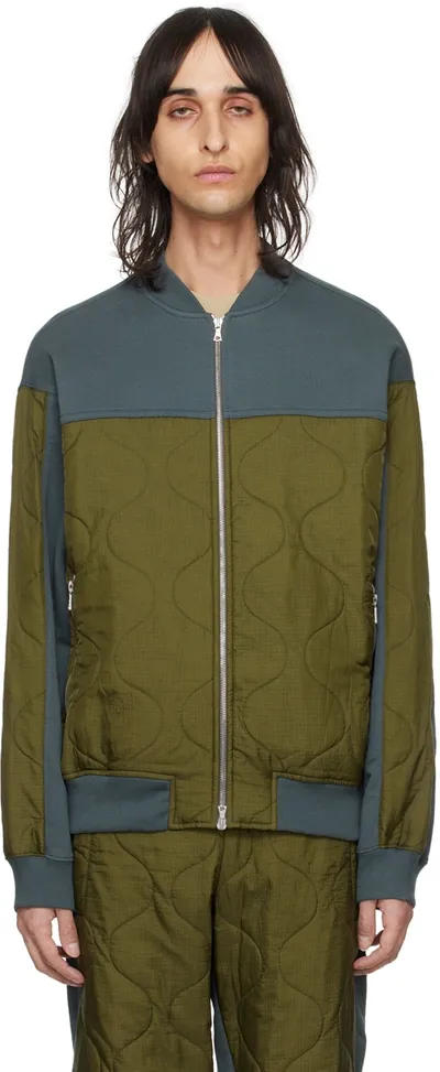 Dries Van Noten Blue & Khaki Quilted Bomber Jacket In 510 Steel