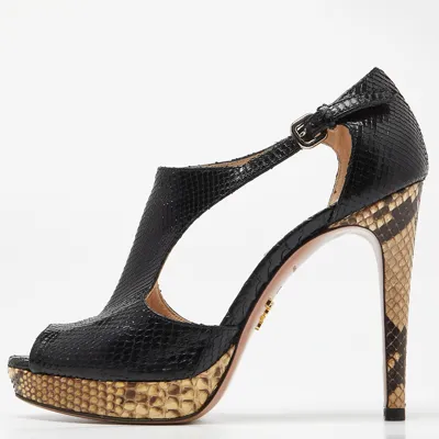 Pre-owned Prada Black Python Leather Peep Toe Platform Ankle Strap Pumps Size 37.5