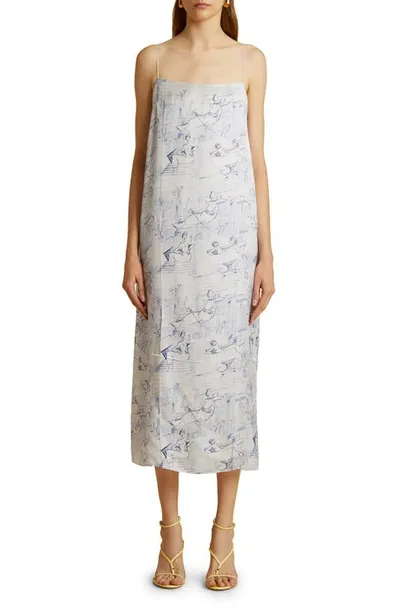 Khaite Sicily Toile-print Sleeveless Midi Shift Dress In Cream Blue