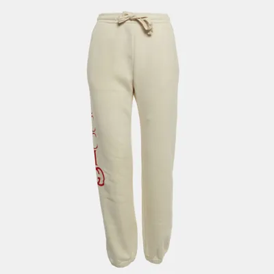 Pre-owned Gucci Off White Logo Print Cotton Joggers S