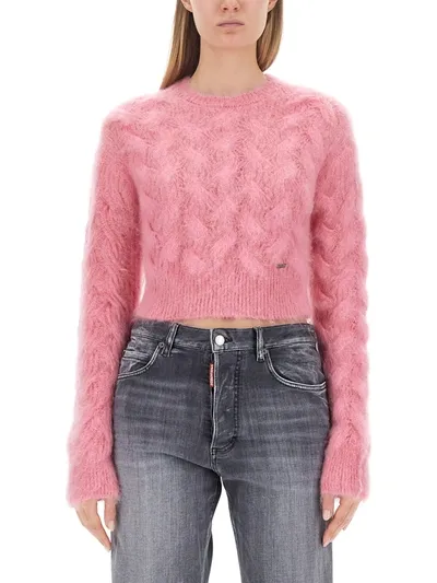 Dsquared2 3d Cable Knit Mohair Crop Sweater In Pink