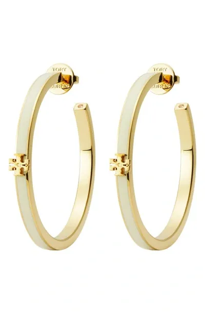 Tory Burch Kira Enamel Hoop Earrings In Cream/gold