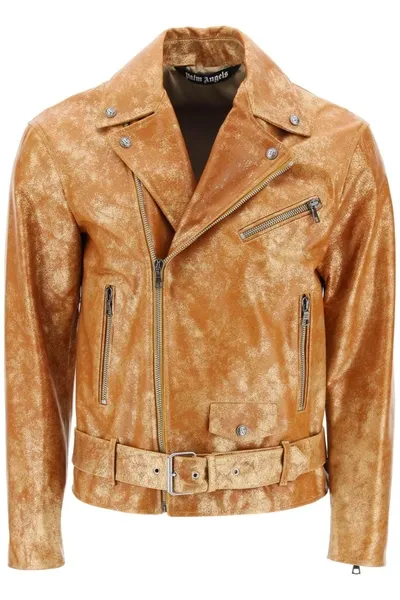 Palm Angels Laminated Leather Biker Jacket In Multicolor