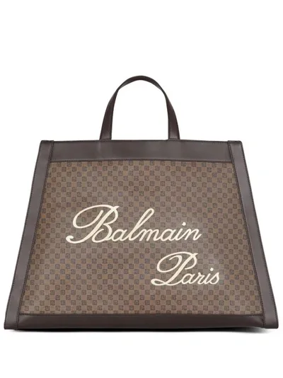 Balmain Olivier's Monogram Canvas And Leather Tote Bag In Brown