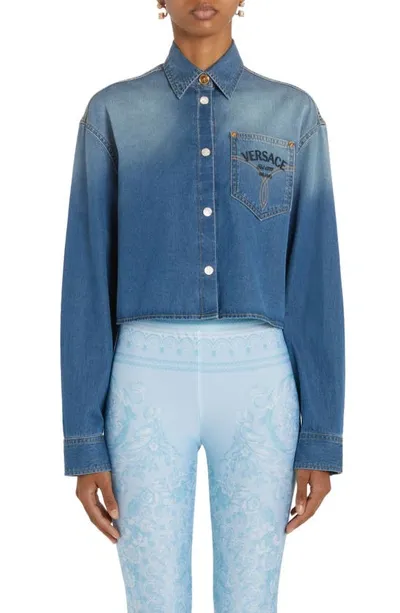 Versace Logo Cropped Denim Overshirt In Blue