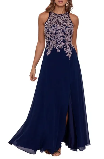 Betsy & Adam Embellished-bodice Chiffon Gown In Navy,rose