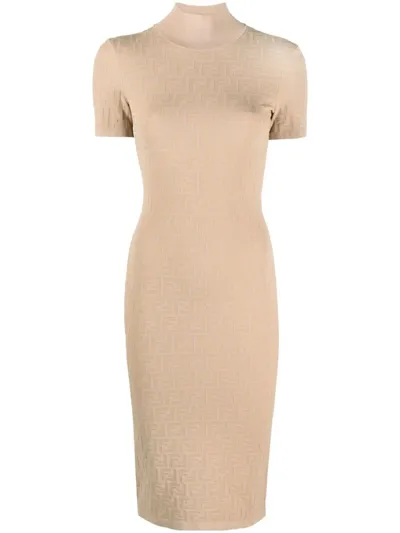 Fendi Monogrammed Turtleneck Dress In Cream