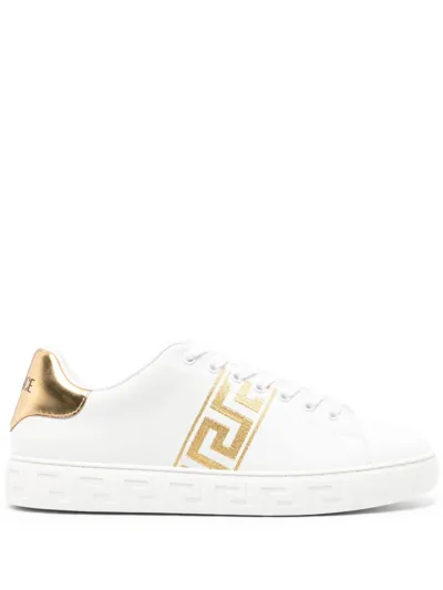 Versace Greca Embroidered Sneakers In Gold