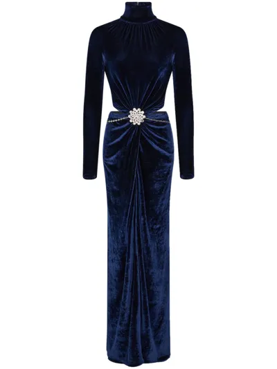 Rabanne Mock-neck Velvet Ruched Cutout Gown With Crystal Accent In Navy