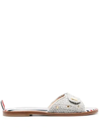 Thom Browne Embossed-button Tweed Flat Sandals In Grey