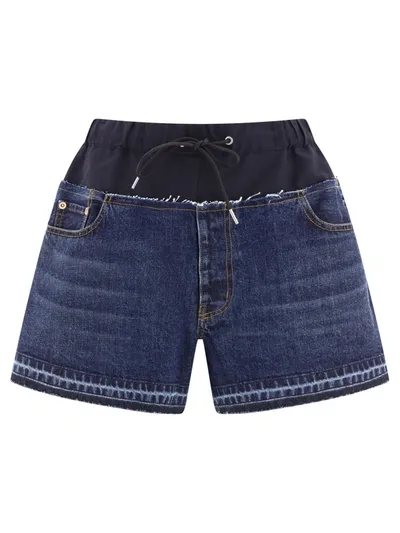 Sacai Layered Elastic-waist Denim Shorts In Blue