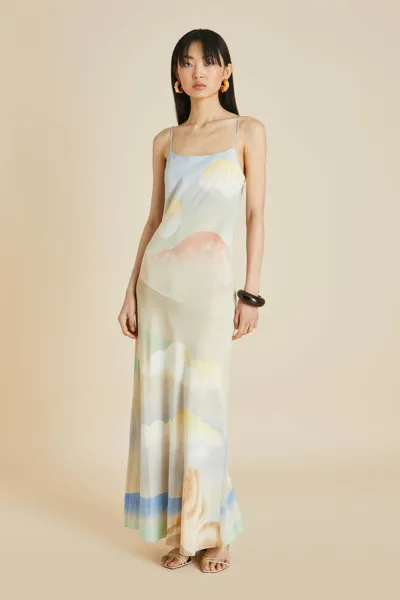 Olivia Von Halle Olympia Ecliptic Blue Landscape Slip Dress In Silk Crêpe De Chine