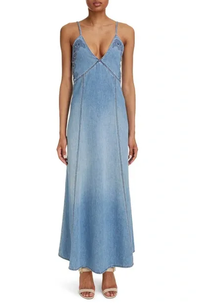 Chloé Recycled Cotton-linen Denim Maxi Dress In Foggy Blue