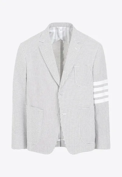 Thom Browne Fun Mix Striped Cotton-seersucker Blazer In White