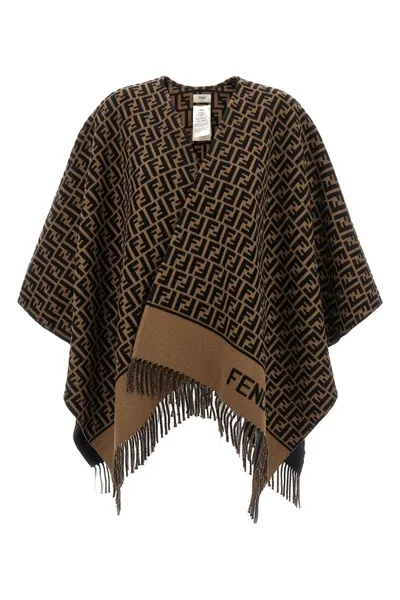 Fendi Ff Jacquard Fringed Poncho In Tobacco,black