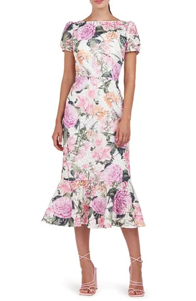 Kay Unger Floral-print Lace Flounce Midi Dress In Rose Violet