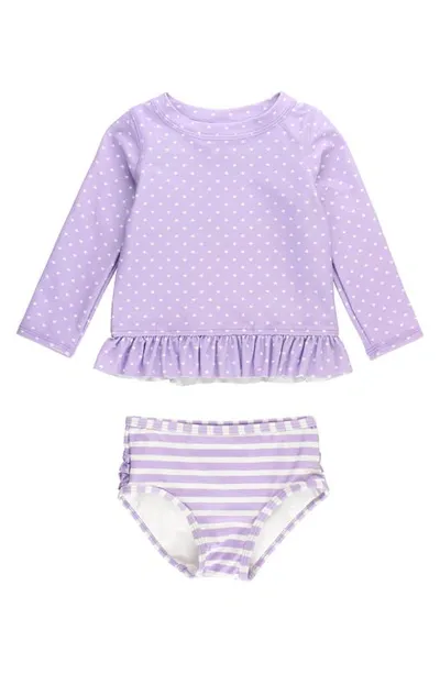 Rufflebutts Kids' Heart Stripe Long Sleeve Two-piece Swimsuit In Purple