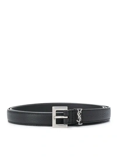 Saint Laurent Cassandre Narrow Hammered Leather Belt With Square Buckle In Black