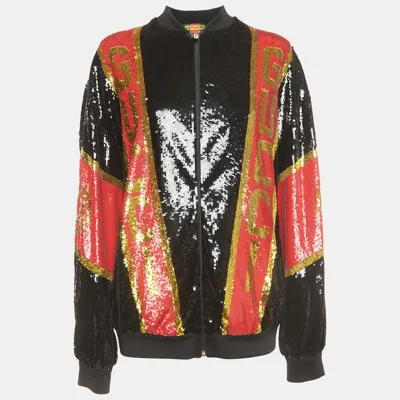 Pre-owned Gucci Dapper Dan Black/red Logo Motif Sequin Bomber Jacket S