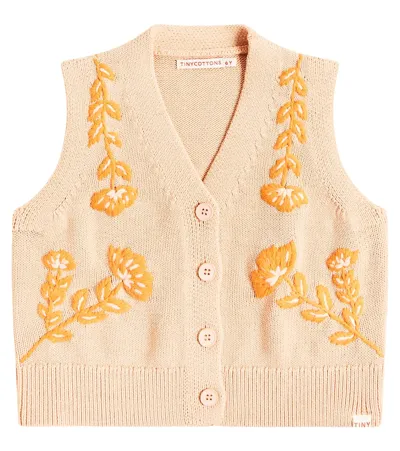 Tinycottons Kids' Flowers Embroidered Cotton Sweater Vest In Papaya