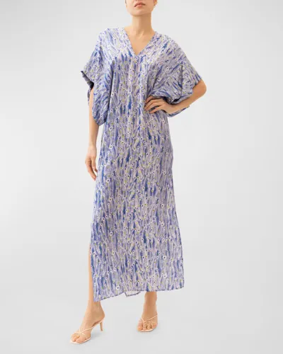 Jaline Beatriz Feather Printed Maxi Kaftan In Blue