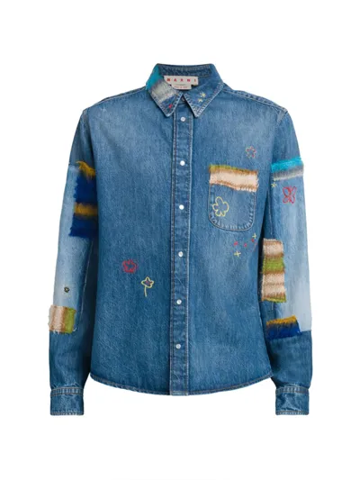 Marni Embroidered Denim Shirt In Navy For Men From Ss24 Collection In Iris Blue