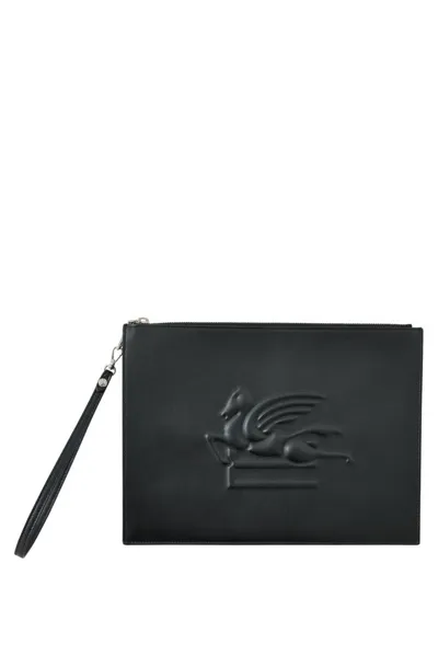 Etro Pegaso Embossed Zipped Clutch Bag In Black