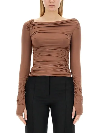 Helmut Lang Shirred One Shoulder Top In Beige