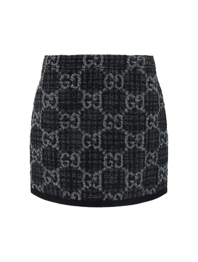 Gucci Womens Dark Grey Grey Monogram-pattern Wool And Cotton-blend Mini Skirt In Multicolor