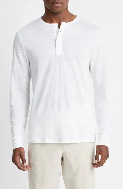 Vince Regular Fit Long Sleeve Linen Henley In Optic White