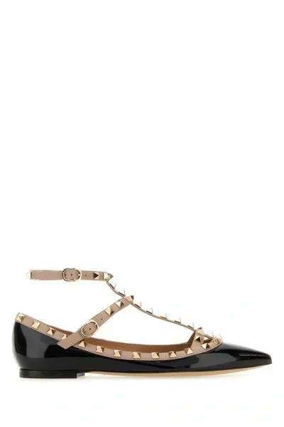 Valentino Garavani Rockstud Leather Flat Ballerina Shoes In Black