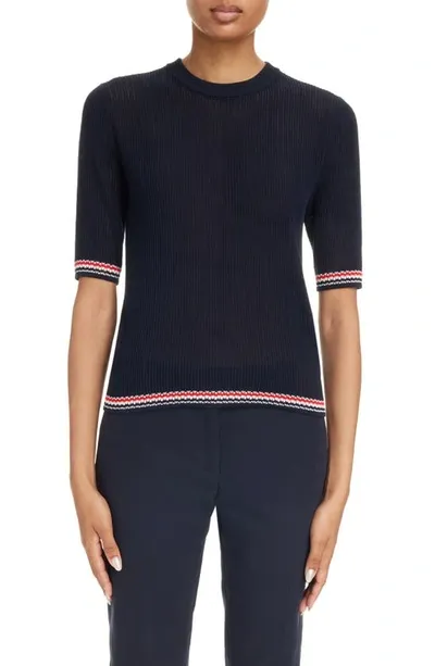 Thom Browne Rwb Stripe Pointelle-knit Top In Blue