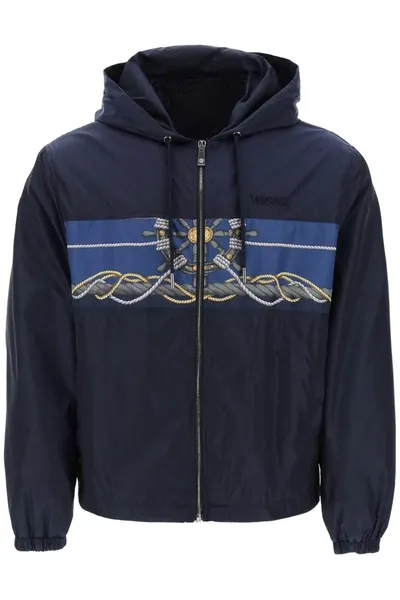 Versace Blouson Technical Fabric And Poly Twill With Nautical Print + Writing Embroidery In Blue+print